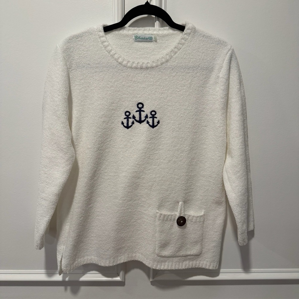 LULU B Sz Small White Anchor Nautical Print Chenille 3/4‎ Sleeve Pocket Sweater